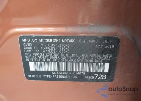2019 Mitsubishi Mirage Es из США, поврежденный, VIN ML32A3HJ5KH014679